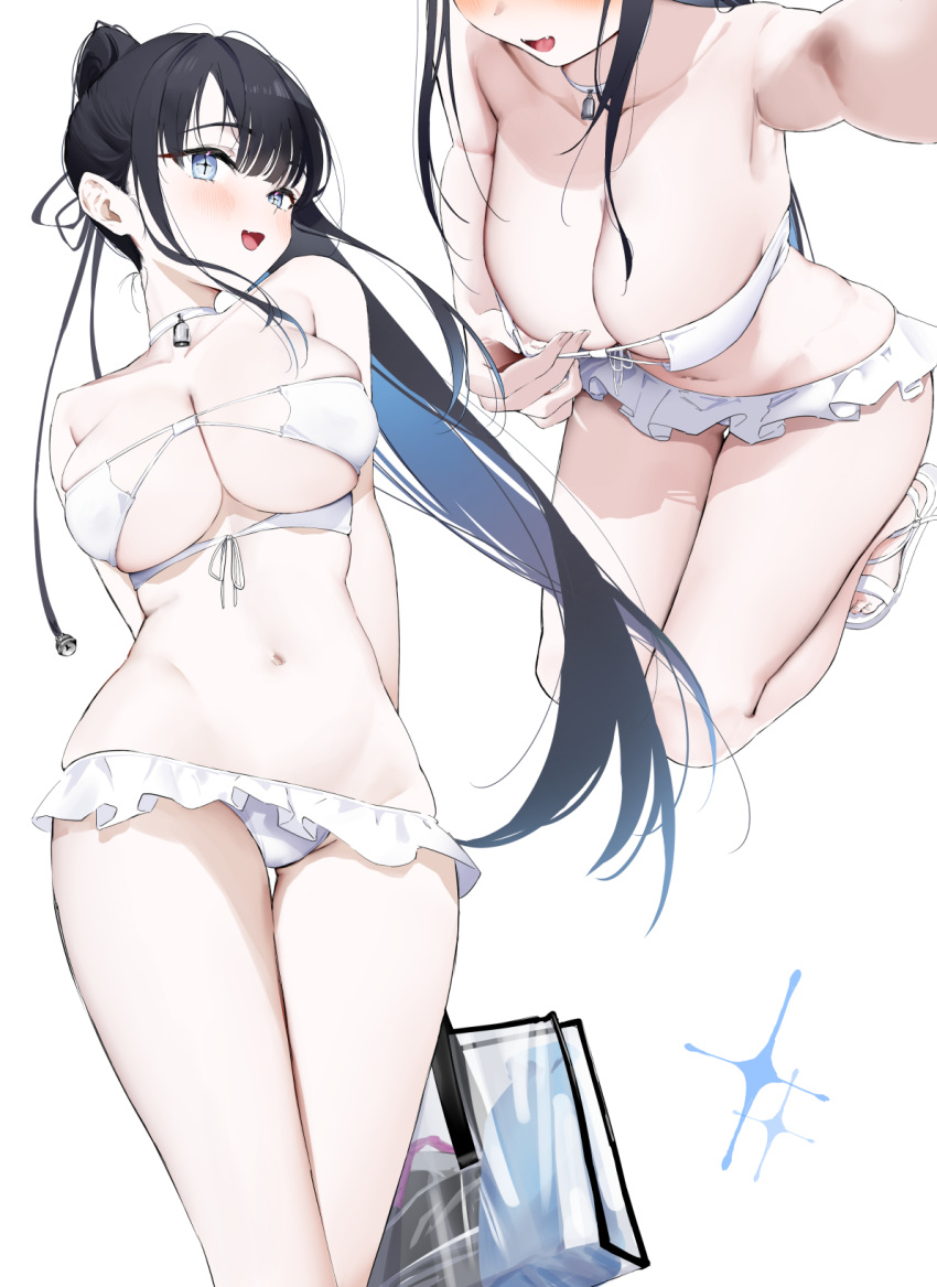 +_+ 1girl :d bikini bikini_pull bikini_skirt black_hair blue_eyes blue_hair blush breasts cleavage clothes_pull colored_inner_hair gyoku_seisyoku hair_behind_ear head_out_of_frame high_ponytail highres large_breasts legs_together long_hair looking_at_viewer microskirt multicolored_hair multiple_views open_mouth original outstretched_arm pulled_by_self sandals selfie sidelocks simple_background skirt smile sparkle swimsuit thigh_gap thighs transparent_bag white_background white_bikini white_footwear