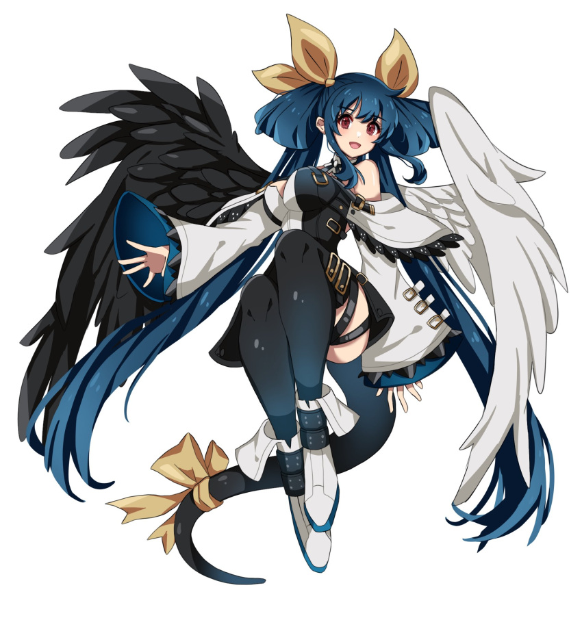 1girl angel_wings asymmetrical_wings bare_shoulders black_thighhighs black_wings blue_hair blush bow breasts commentary_request detached_sleeves dizzy_(guilty_gear) feathered_wings guilty_gear guilty_gear_xrd hair_ribbon hair_rings highres hina_co_330 large_breasts long_hair monster_girl red_eyes ribbon tail tail_bow tail_ornament tail_ribbon thighhighs white_sleeves white_wings wide_sleeves wings yellow_ribbon