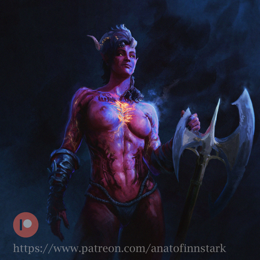1girl abs anato_finnstark axe baldur's_gate baldur's_gate_3 battle_axe black_nails breasts colored_skin commentary demon_girl demon_horns dungeons_&amp;_dragons english_commentary fog gauntlets glowing glowing_eyes highres horns karlach muscular muscular_female patreon_logo patreon_username pointy_ears red_skin small_breasts solo stomach_tattoo tattoo toned topless weapon web_address yellow_eyes