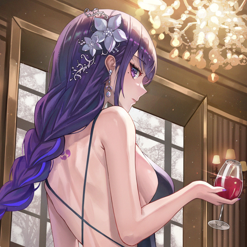 1girl absurdres alcohol alternate_costume back_tattoo backless_outfit bangs bare_arms bare_shoulders black_dress braid braided_ponytail breasts chandelier closed_mouth criss-cross_back-straps cup dress drink drinking_glass genshin_impact highres holding holding_drink indoors large_breasts long_hair looking_at_viewer mole mole_under_eye poise purple_eyes purple_hair raiden_shogun red_wine sideboob sidelocks sideways_glance single_braid solo tattoo upper_body window wine wine_glass
