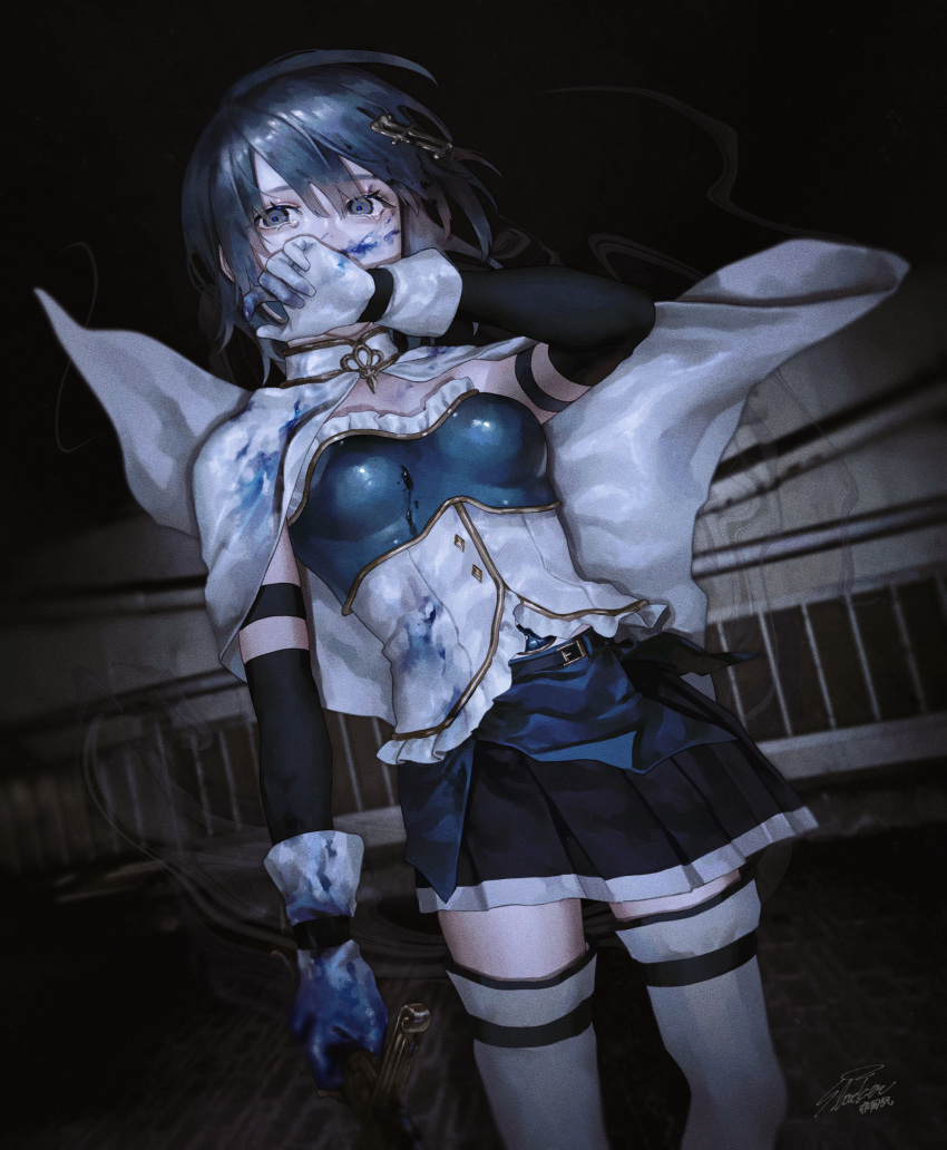 1girl absurdres belt black_skirt blood blood_on_clothes blood_on_face blue_blood blue_eyes blue_hair cape corset covered_mouth covering_own_mouth dark_background feet_out_of_frame fortissimo gloves hair_ornament hand_on_own_face highres holding holding_sword holding_weapon k041800 looking_at_viewer magical_girl mahou_shoujo_madoka_magica mahou_shoujo_madoka_magica_(anime) miki_sayaka musical_note musical_note_hair_ornament outdoors pale_skin pleated_skirt short_hair signature skirt solo standing stylized_blood sword tears thighhighs weapon white_cape white_corset white_gloves white_thighhighs zettai_ryouiki