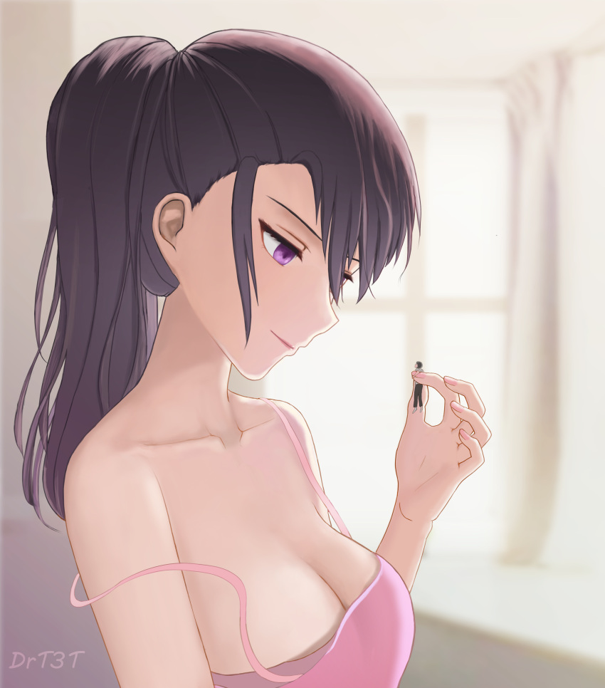 absurdres black_hair breasts brother_and_sister drt3t fingernails giant giantess highres holding large_breasts long_hair pink_nails purple_eyes shrinking siblings