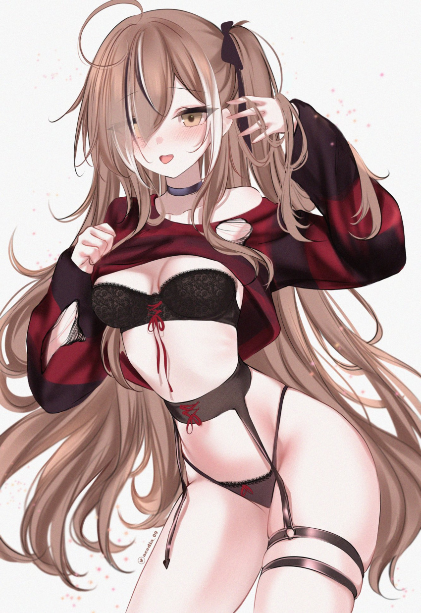 1girl acedia black_bra black_choker black_garter_belt black_garter_straps black_hair black_panties black_ribbon black_sweater blush bra breasts brown_eyes brown_hair choker clothes_lift garter_belt garter_straps hair_over_one_eye hair_ribbon highres hololive hololive_english lifted_by_self looking_at_viewer medium_breasts multicolored_hair nanashi_mumei nanashi_mumei_(4th_costume) o-ring o-ring_thigh_strap official_alternate_costume one_side_up panties red_sweater ribbon streaked_hair striped_clothes striped_sweater sweater sweater_lift thigh_strap tongue tongue_out torn_clothes torn_sweater underwear virtual_youtuber white_hair