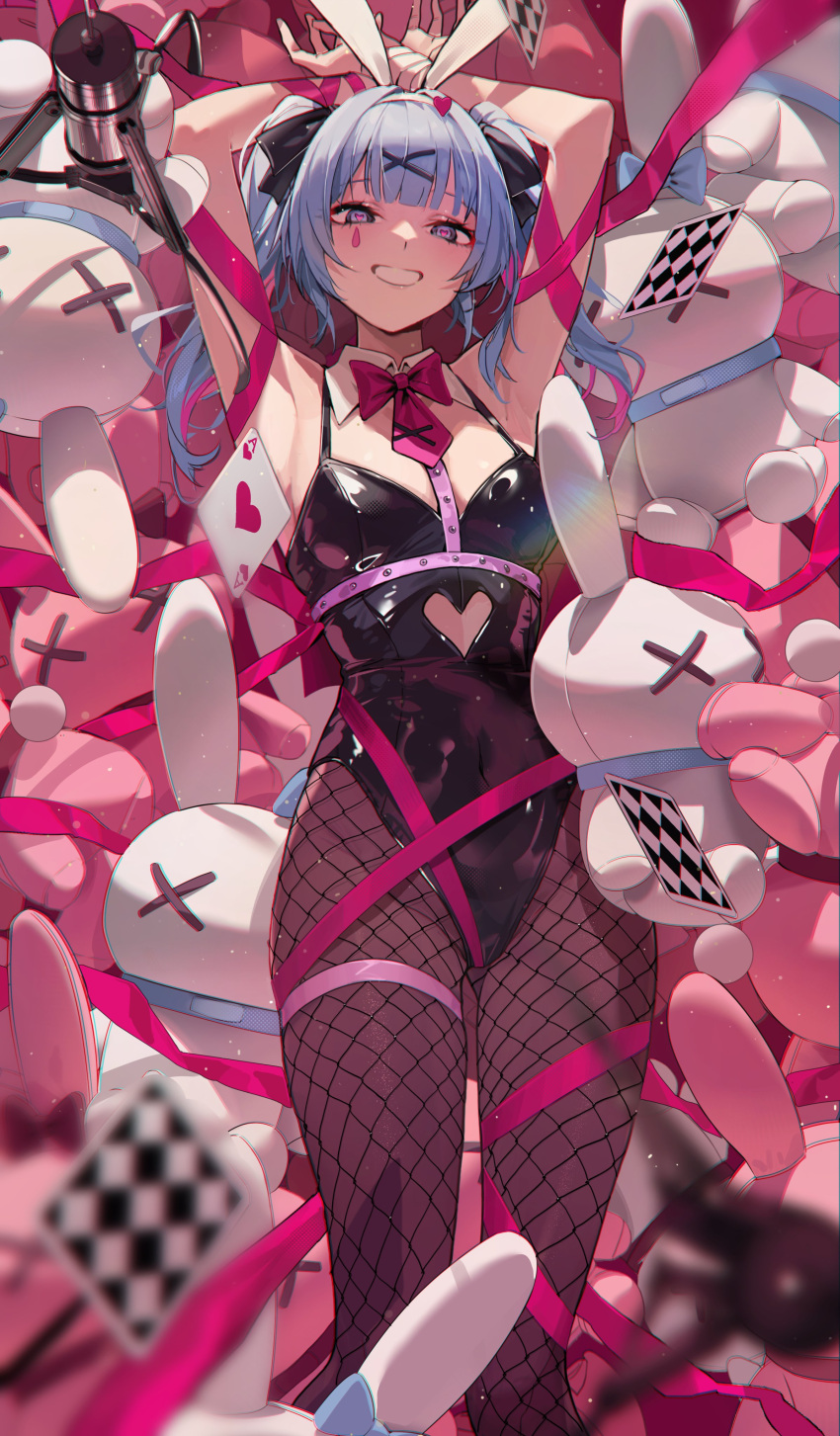 1girl absurdres animal_ears arms_up bankongping black_leotard blue_eyes blue_hair blush card clothing_cutout crane_game cutout_above_navel fake_animal_ears fishnet_pantyhose fishnets from_below hair_ornament hairband hatsune_miku heart heart-shaped_pupils heart_cutout highleg highleg_leotard highres in_crane_game joker_(playing_card) leotard long_hair looking_at_viewer looking_down pantyhose pink_background pink_pupils pink_ribbon playboy_bunny playing_card rabbit_ears rabbit_hair_ornament rabbit_hole_(vocaloid) restrained ribbon solo spaghetti_strap symbol-shaped_pupils torn_clothes torn_pantyhose twintails vocaloid white_hairband x_hair_ornament