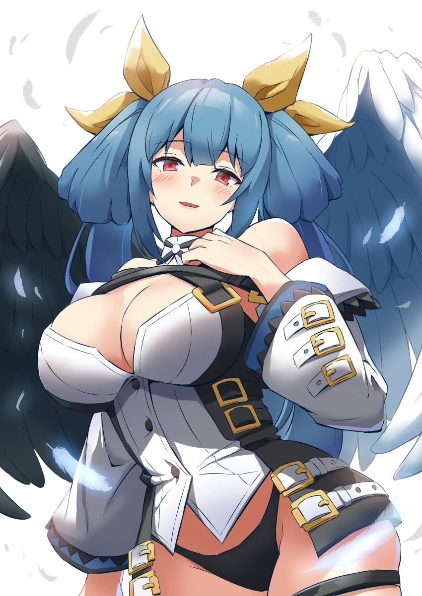 1girl absurdres angel_wings asymmetrical_wings bare_shoulders black_panties black_wings blue_hair blue_wings blush breasts cleavage detached_sleeves dizzy_(guilty_gear) guilty_gear guilty_gear_xrd hair_ribbon hair_rings hashihiro_ko highres large_breasts long_hair monster_girl navel panties red_eyes ribbon smile twintails underwear white_sleeves wings yellow_ribbon