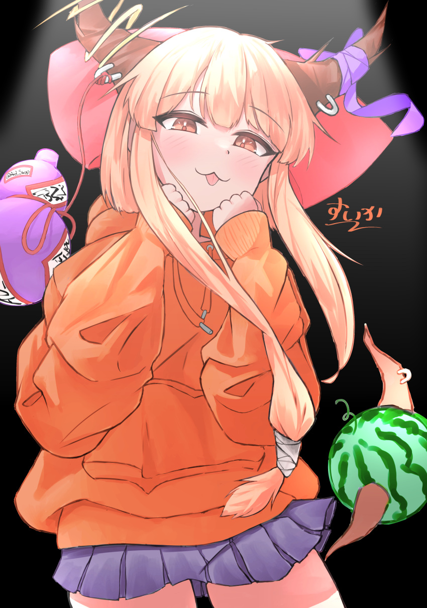 1girl :3 absurdres alternate_costume black_background blonde_hair blunt_bangs blush bow brown_horns closed_mouth commentary_request contemporary cowboy_shot drawstring food fruit gourd grey_skirt hair_bow hands_up highres hood hoodie horn_bow horn_ornament horns ibuki_suika long_hair looking_at_viewer medium_bangs miniskirt orange_eyes orange_hoodie pleated_skirt purple_bow red_bow sidelocks skirt sleeves_past_wrists smile solo spotlight suwa_(au_swap) tongue tongue_out touhou watermelon