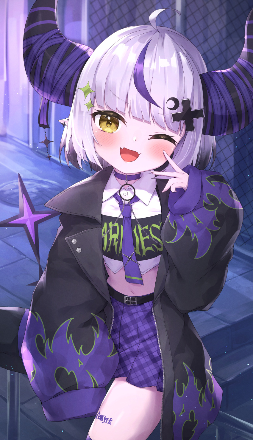 1girl ;d absurdres ahoge black_jacket blush brown_eyes chain-link_fence choker collared_shirt commentary_request crop_top demon_horns fang fence grey_hair hair_ornament hand_up highres hololive horns jacket la+_darknesss long_sleeves looking_at_viewer manhole_cover masaki_(msk064) midriff multicolored_hair navel necktie on_railing one_eye_closed open_clothes open_jacket plaid plaid_skirt pleated_skirt puffy_long_sleeves puffy_sleeves purple_choker purple_hair purple_necktie purple_skirt railing shirt short_hair sitting skirt sleeves_past_fingers sleeves_past_wrists smile solo stairs stone_stairs streaked_hair virtual_youtuber white_shirt x_hair_ornament