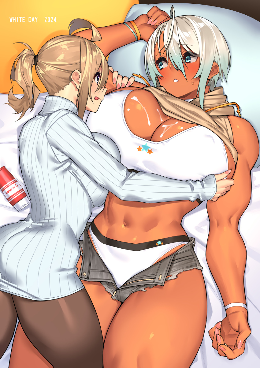 23_(real_xxiii) 2girls abs absurdres ahoge blonde_hair blue_eyes blush breasts choker cleavage couple cross cross_choker dark-skinned_female dark_skin highres huge_breasts jewelry large_breasts long_hair multiple_girls muscular muscular_female navel obliques open_mouth original ring sela_(23) short_hair smile toned ursula_(23) wedding_ring wife_and_wife yuri