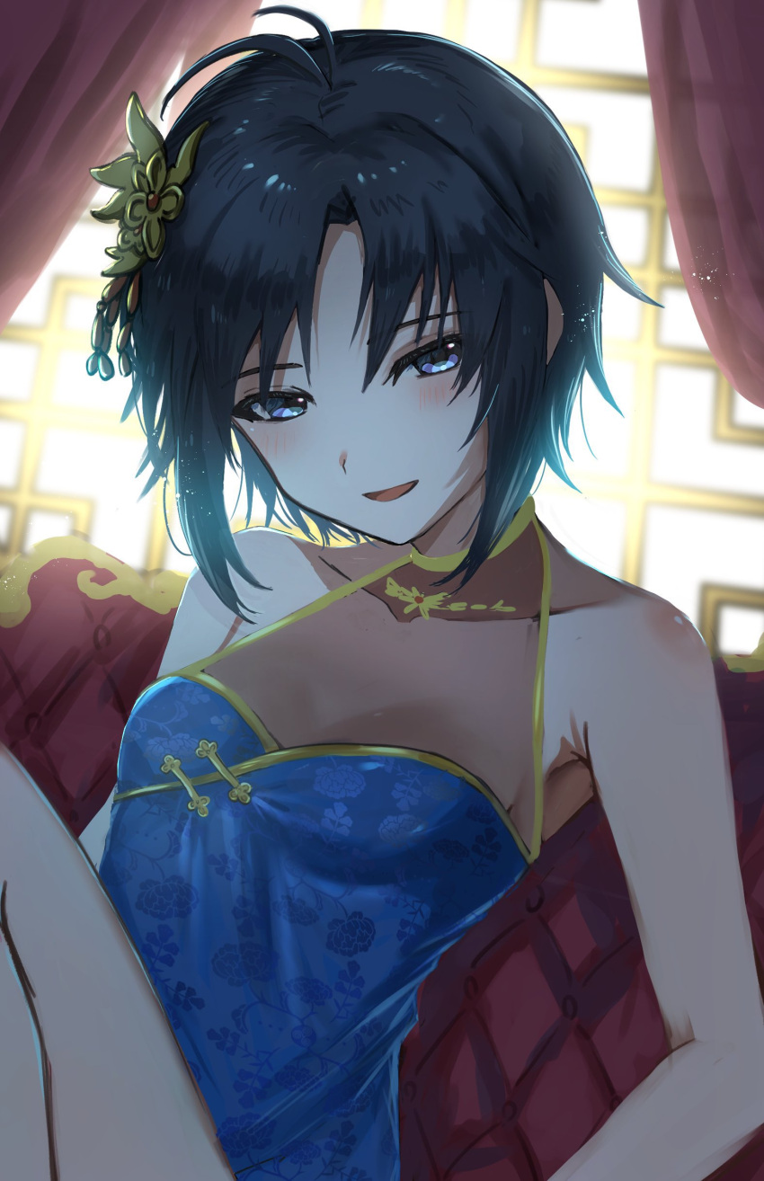 1girl absurdres antenna_hair backlighting bare_shoulders black_hair blue_dress blue_eyes breasts china_dress chinese_clothes cleavage collarbone dress hair_ornament highres idolmaster idolmaster_(classic) idolmaster_million_live! idolmaster_million_live!_theater_days kikuchi_makoto knee_up lattice looking_at_viewer miyagi on_chair open_mouth red_curtains see-through see-through_cleavage short_hair sitting sleeveless sleeveless_dress small_breasts smile solo