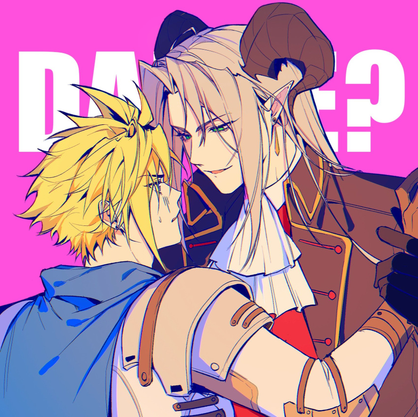 2boys annoyed armor ascot bishounen black_coat black_gloves blonde_hair blue_cape breastplate brown_gloves cape cloud_strife coat cosplay dangle_earrings earrings english_text final_fantasy final_fantasy_vii final_fantasy_vii_rebirth final_fantasy_vii_remake gloves green_eyes grey_hair half-closed_eyes high_collar highres holding_another's_wrist horns jewelry leaning_back leaning_forward long_bangs long_hair looking_at_another looking_down male_focus multiple_boys official_alternate_costume parted_bangs pauldrons pink_background pointy_ears sephiroth shirt short_hair shoulder_armor simple_background smile spiked_hair stud_earrings sweatdrop upper_body white_shirt yaoi zhi1900