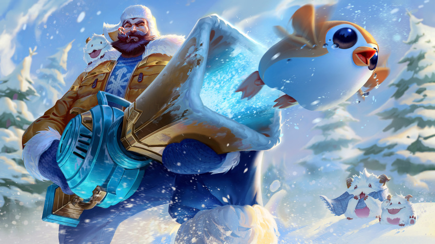 1boy absurdres aiming beard candy candy_cane creature day energy_gun facial_hair feet_out_of_frame food foreshortening full_beard graves_(league_of_legends) gun highres holding holding_gun holding_weapon league_of_legends male_focus mature_male official_art short_hair snow spread_legs standing thick_beard thick_eyebrows weapon wild_blue_studios