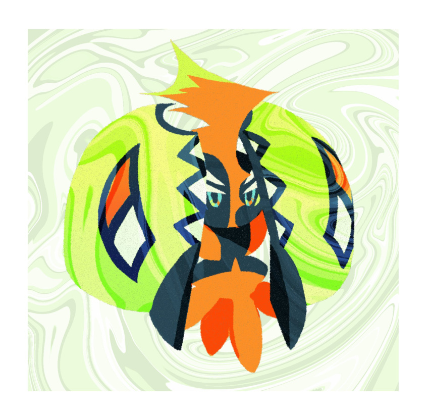 beak black_skin border colored_skin commentary elizabeth_(tomas21) full_body green_eyes highres no_humans plume pokemon pokemon_(creature) shell solo tapu_koko white_border