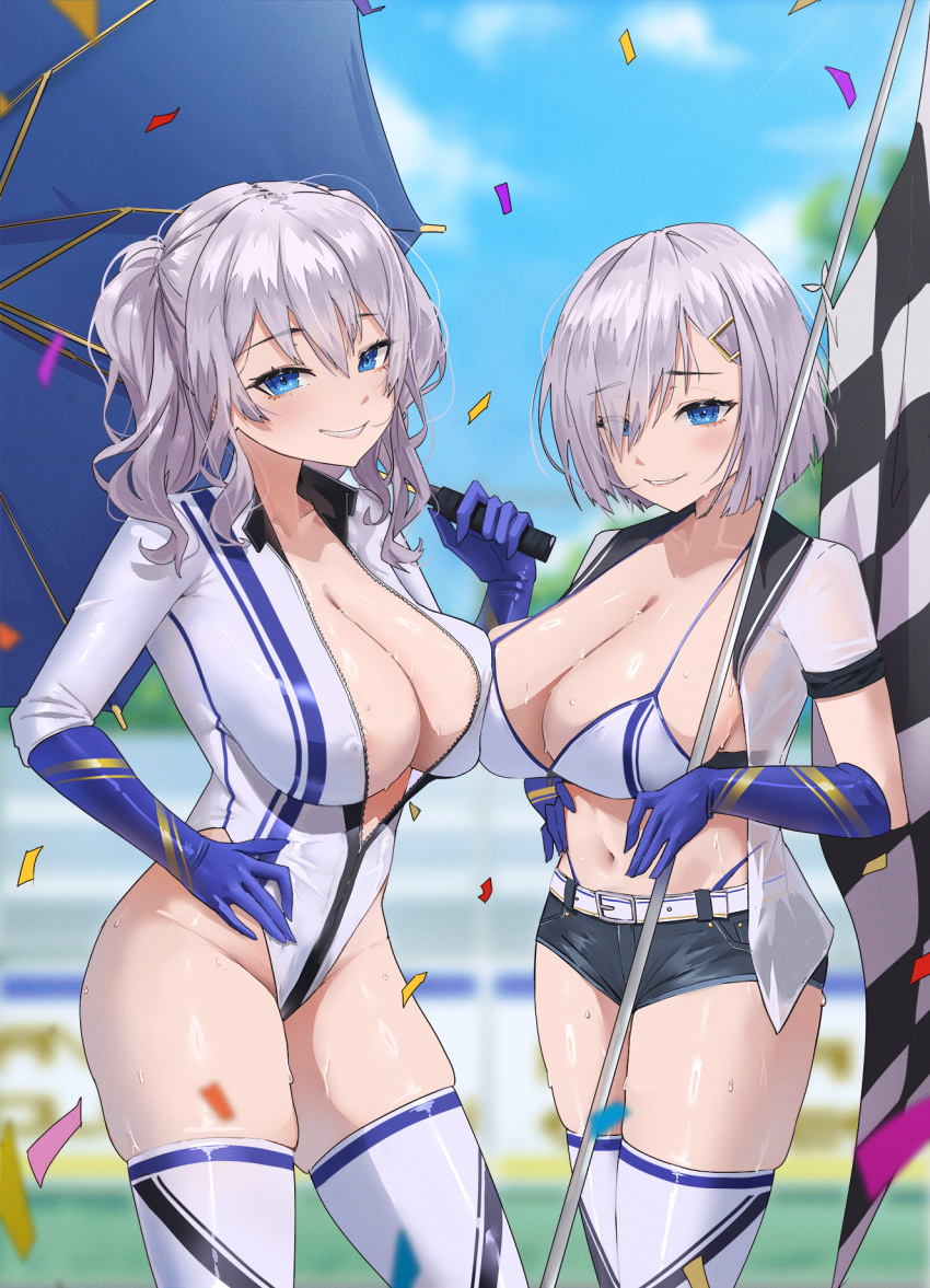 2girls alternate_costume archinoer bikini black_shorts blue_eyes blue_gloves blue_sky breasts cleavage commission confetti elbow_gloves english_commentary eyes_visible_through_hair flag gloves grey_hair hair_between_eyes hair_ornament hair_over_one_eye hairclip hamakaze_(kancolle) hand_on_own_hip highleg highleg_leotard highleg_panties highres holding holding_flag holding_umbrella kantai_collection kashima_(kancolle) large_breasts leotard long_hair looking_at_viewer multiple_girls navel outdoors panties partially_unzipped race_queen short_hair short_shorts shorts sky smile swimsuit thighhighs twintails umbrella underwear white_bikini white_leotard white_thighhighs zipper_leotard