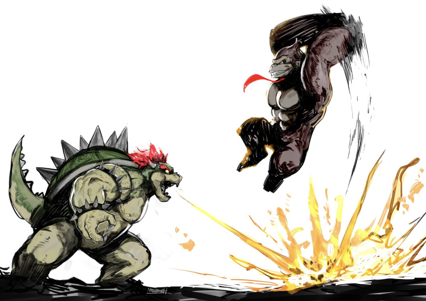 2boys armlet artist_name bangs bowser bracelet breathing_fire donkey_kong fire furry furry_male godzilla_(series) godzilla_vs._kong grin highres holding_barrel jewelry jumping king_kong_(series) mario_(series) monkey_boy monsterverse multiple_boys open_mouth red_hair sharp_teeth shell short_hair smile spiked_armlet spiked_bracelet spikes tail teeth yourfreakyneighbourh