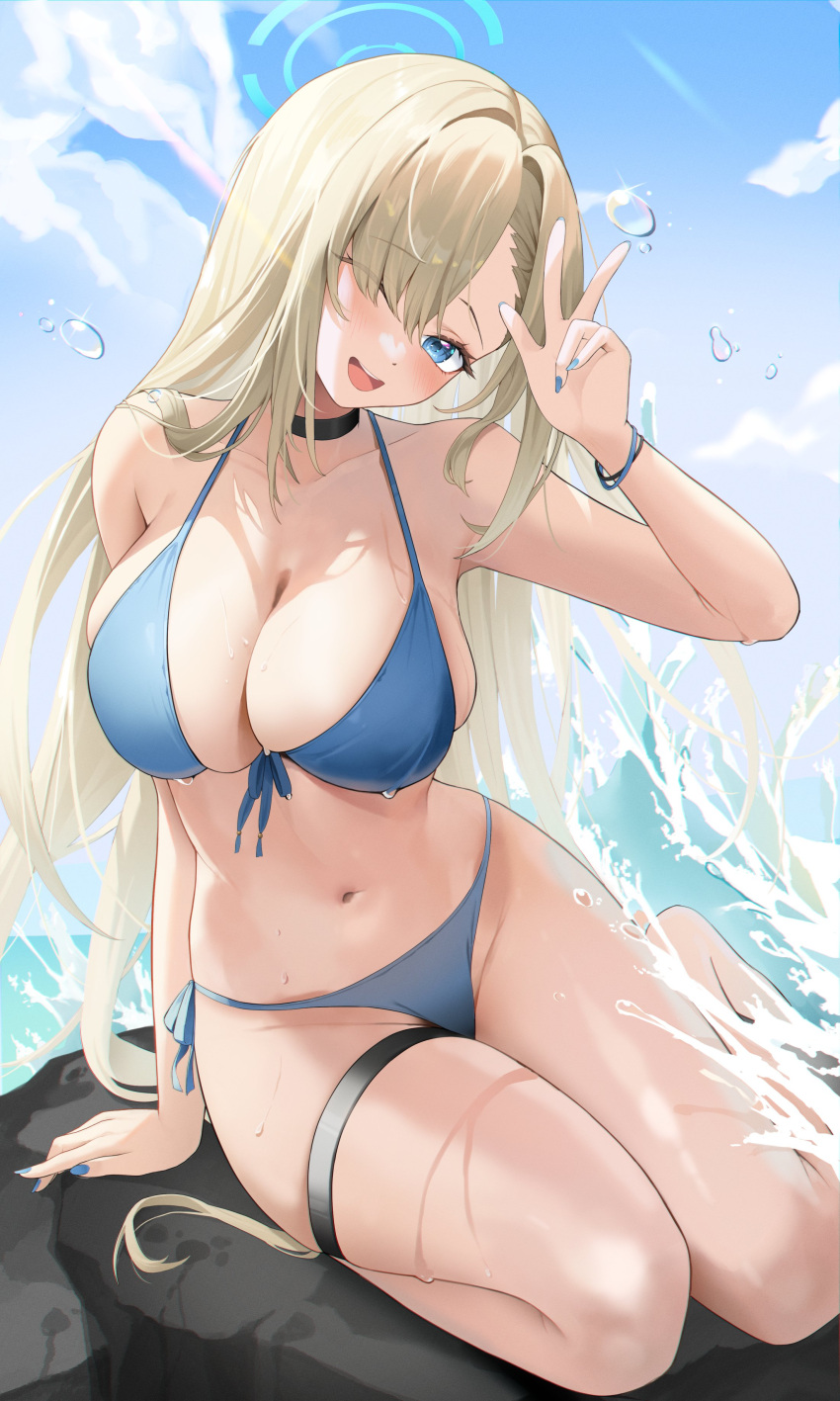 1girl ;d absurdres asuna_(blue_archive) atom_mtoa bikini black_choker blonde_hair blue_archive blue_bikini blue_eyes blue_halo blue_nails blush choker collarbone commentary halo hand_up highres long_hair nail_polish navel one_eye_closed open_mouth outdoors side-tie_bikini_bottom sitting smile solo stomach swimsuit thigh_strap thighs water