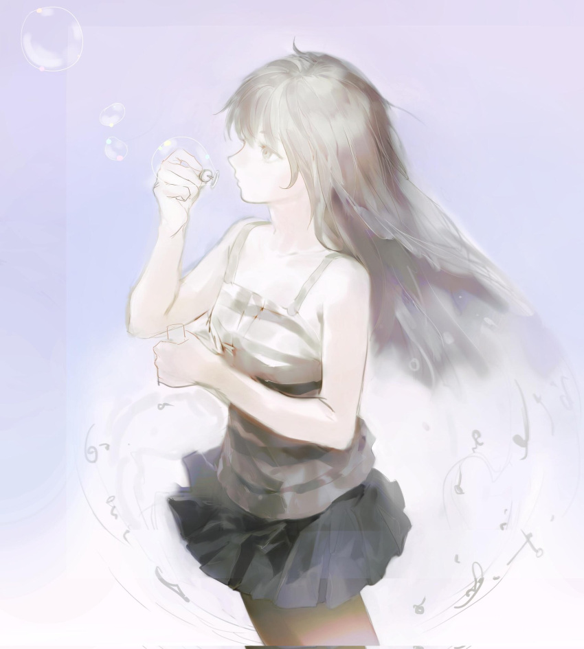 1girl bare_shoulders black_skirt blowing_bubbles bubble_wand collarbone corrupted_twitter_file cowboy_shot empty_eyes floating_hair from_side grey_eyes grey_hair hands_up highres holding light lips long_hair looking_up medium_bangs miniskirt nose pale_skin pingupingn pink_background profile shimako_(yume_2kki) skirt sleeveless soap_bubbles solo striped_tank_top tank_top white_background wind wind_lift yume_2kki