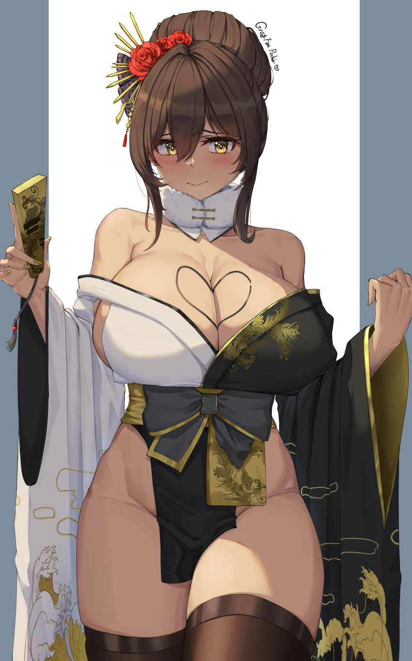 1girl absurdres bare_shoulders black_bow black_kimono black_thighhighs blonde_hair blush bow breasts brown_hair cleavage closed_mouth dark-skinned_female dark_skin flower folded_fan folding_fan fur_collar goddess_of_victory:_nikke grayfoxpochi hair_between_eyes hair_flower hair_ornament hand_fan heart highres holding holding_fan huge_breasts japanese_clothes kimono looking_at_viewer no_panties noir_(nikke) off_shoulder pelvic_curtain print_kimono red_flower red_rose rose solo standing thighhighs thighs two-tone_kimono wave_print white_kimono wide_sleeves