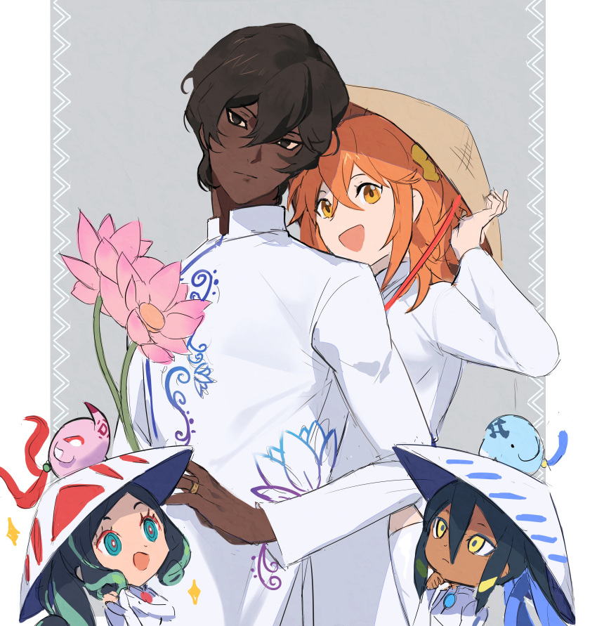 1boy 1girl absurdres arjuna_(fate) black_eyes black_hair blue_eyes character_request dark-skinned_male dark_skin facing_viewer fate/grand_order fate_(series) floral_print flower fujimaru_ritsuka_(female) grey_background hair_between_eyes hat highres indian_clothes jewelry looking_at_viewer lotus medium_hair neruchiru_08 open_mouth orange_hair ring ringed_eyes short_hair simple_background two-tone_background upper_body vietnamese_dress white_background yellow_eyes