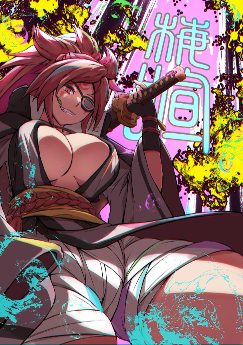 1girl baiken big_hair black_kimono breasts cleavage eyepatch facial_tattoo guilty_gear guilty_gear_xrd hashihiro_ko highres japanese_clothes katana kimono large_breasts long_hair multicolored_clothes multicolored_kimono one-eyed open_clothes open_kimono pink_hair red_eyes samurai scar scar_across_eye sword tattoo weapon