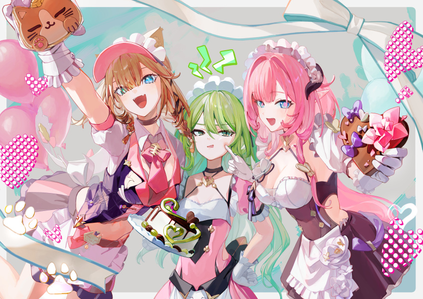 3girls :d absurdres alternate_costume animal_ears annoyed apron balloon belt black_dress blue_eyes border braid breasts cake can_(honkai_impact) cat_ears cat_girl chocolate choker cleavage dress elf elysia_(honkai_impact) elysia_(miss_pink_elf)_(honkai_impact) fake_horns food gloves green_eyes green_hair hand_on_another's_face hand_on_own_hip heart highres holding holding_cake holding_chocolate holding_food honkai_(series) honkai_impact_3rd horns large_breasts long_hair looking_at_viewer maid maid_apron maid_headdress mobius_(honkai_impact) multiple_girls navel necktie official_alternate_costume open_mouth pardofelis_(honkai_impact) pardofelis_(meowtose_macchiato)_(honkai_impact) paw_print pink_dress pink_hair pink_necktie pink_pupils pointy_ears ribbon roena short_sleeves skirt slit_pupils small_breasts smile twin_braids valentine white_border white_gloves