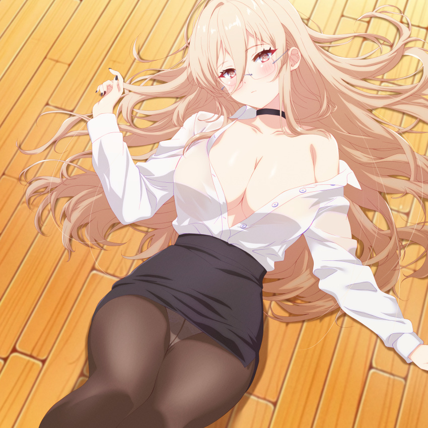 1girl arbiter1 azur_lane black_choker black_nails black_skirt blonde_hair blush breasts choker glasses highres implacable_(azur_lane) implacable_(shepherd_of_the_"lost")_(azur_lane) large_breasts long_hair looking_at_viewer lying on_back on_floor panties pantyhose skirt unbuttoned underwear very_long_hair wooden_floor yellow_eyes