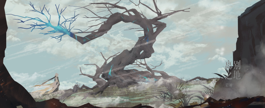 1boy absurdres bare_tree blue_sky bush cloud cloudy_sky genshin_impact highres landscape li0n_(kongshushiwo) male_focus nature outdoors scenery sky solo standing tree wind zhongli_(genshin_impact)