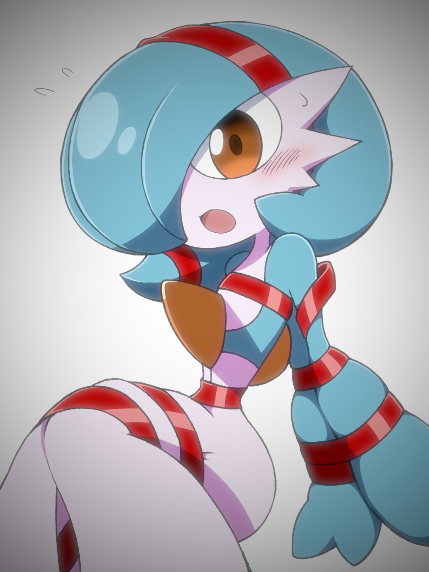 absurdres alternate_color blue_hair blush bob_cut colored_skin envi55109095 gardevoir hair_over_one_eye highres looking_at_viewer multicolored_skin open_mouth orange_eyes pokemon pokemon_(creature) red_ribbon restrained ribbon shiny_pokemon simple_background two-tone_skin white_skin