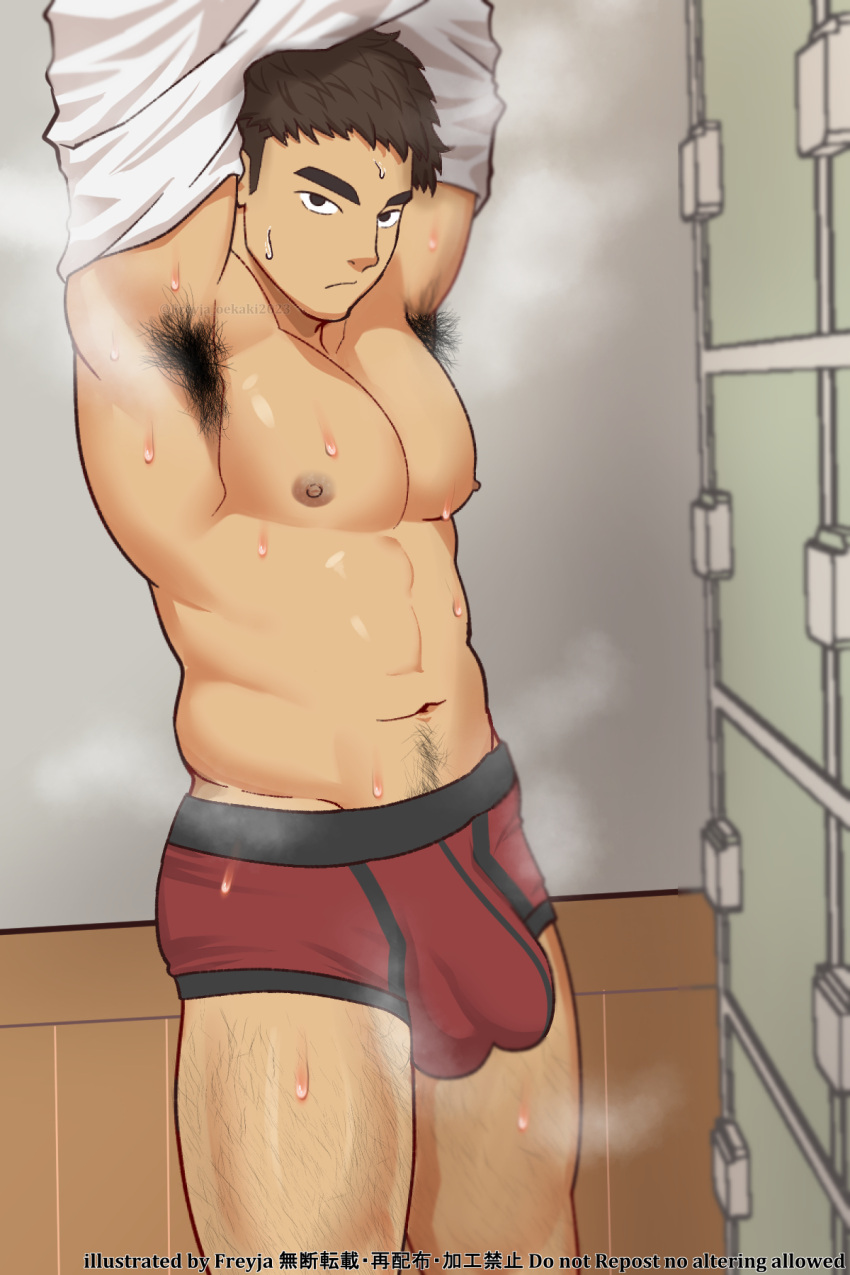 1boy armpit_hair arms_up artist_request bara bare_pectorals black_hair boxer_briefs bulge commission covered_penis cowboy_shot empt excessive_armpit_hair highres large_bulge large_pectorals locker locker_room looking_at_another looking_at_viewer male_focus male_underwear navel navel_hair nipples no_pants original pectorals plump red_male_underwear short_hair smell solo standing steaming_body sweat thick_eyebrows thick_leg_hair thick_navel_hair underwear undressing very_sweaty