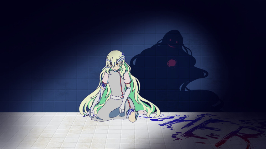 1girl bandaged_arm bandaged_head bandaged_leg bandages blood blue_blood blunt_bangs chimidoro_switch_(vocaloid) dark_persona different_shadow dress dual_persona elbow_gloves evil_eyes evil_smile gloves green_hair grey_dress highres hospital_gown kneeling lexsi0maxel long_hair looking_at_viewer mayu_(vocaloid) neon_palette red_eyes self-harm short_sleeves smile tile_floor tile_wall tiles very_long_hair wavy_hair white_footwear white_gloves yellow_eyes