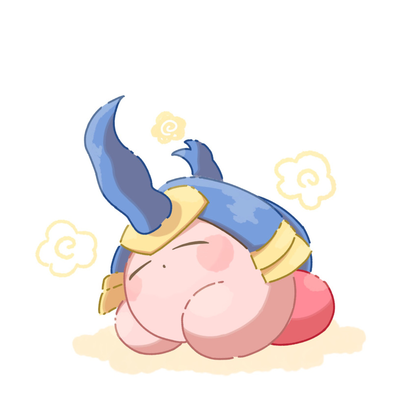 beetle_kirby closed_eyes closed_mouth copy_ability flower highres kirby kirby:_star_allies kirby:_triple_deluxe kirby_(series) lying on_stomach ripptowe6p sleeping twitter_username white_background yellow_flower