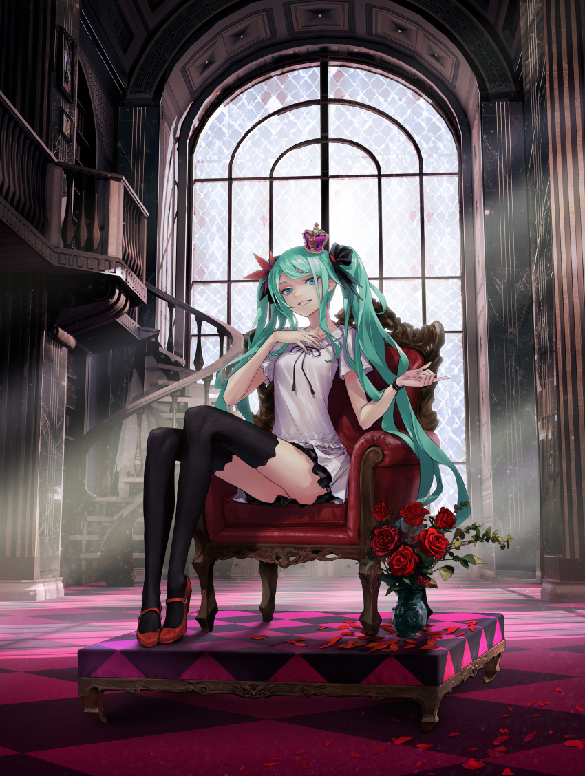 1girl absurdres aqua_eyes aqua_hair black_thighhighs crown dress flower full_body grin hand_on_own_chest hatsune_miku high_heels highres long_hair mini_crown petals red_flower red_footwear red_rose redjuice rose rose_petals short_sleeves sitting smile solo supreme_(module) thighhighs throne twintails very_long_hair vocaloid white_dress world_is_mine_(vocaloid)