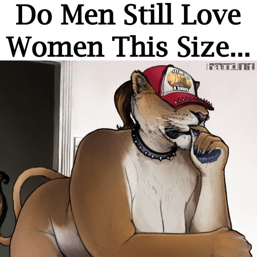 anthro band1tnsfw big_breasts breasts brown_body brown_fur clothing collar covered_eyes digital_drawing_(artwork) digital_media_(artwork) do_men_still_love_women_this_size ear_piercing english_text facial_piercing felid feline felis female female_anthro female_focus fur hair hat headgear headwear hi_res lion m1lf_band1t_(band1tnsfw) mammal meme nose_piercing nose_ring overweight overweight_anthro overweight_female pantherine piercing ponytail portrait red_clothing red_hat red_headwear ring_piercing simple_background solo spiked_hat tan_body tan_fur text whiskers