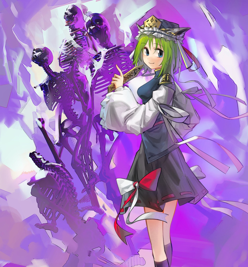 aesur_a black_headwear blue_eyes breasts closed_mouth epaulettes feet_out_of_frame frilled_hat frills from_side green_hair hat highres large_breasts looking_at_viewer purple_background ribbon-trimmed_skirt ribbon_trim rod_of_remorse shiki_eiki short_hair skeleton smile touhou