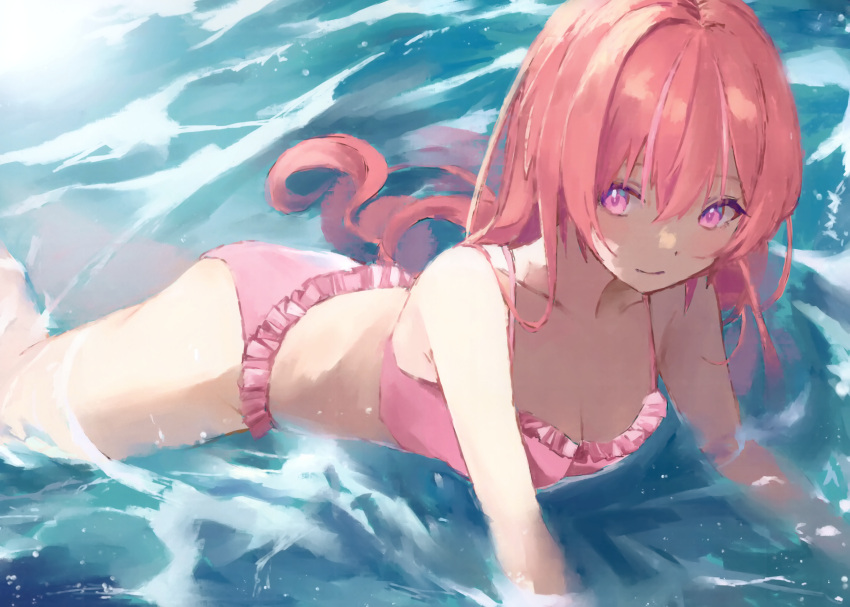 1girl absurdres amagase_muyu bare_shoulders bikini breasts cleavage closed_mouth collarbone frilled_bikini frills hair_between_eyes highres long_hair looking_at_viewer lying medium_breasts nijisanji non-web_source nyankumo partially_submerged pink_bikini pink_eyes pink_hair purple_eyes smile solo swimsuit water