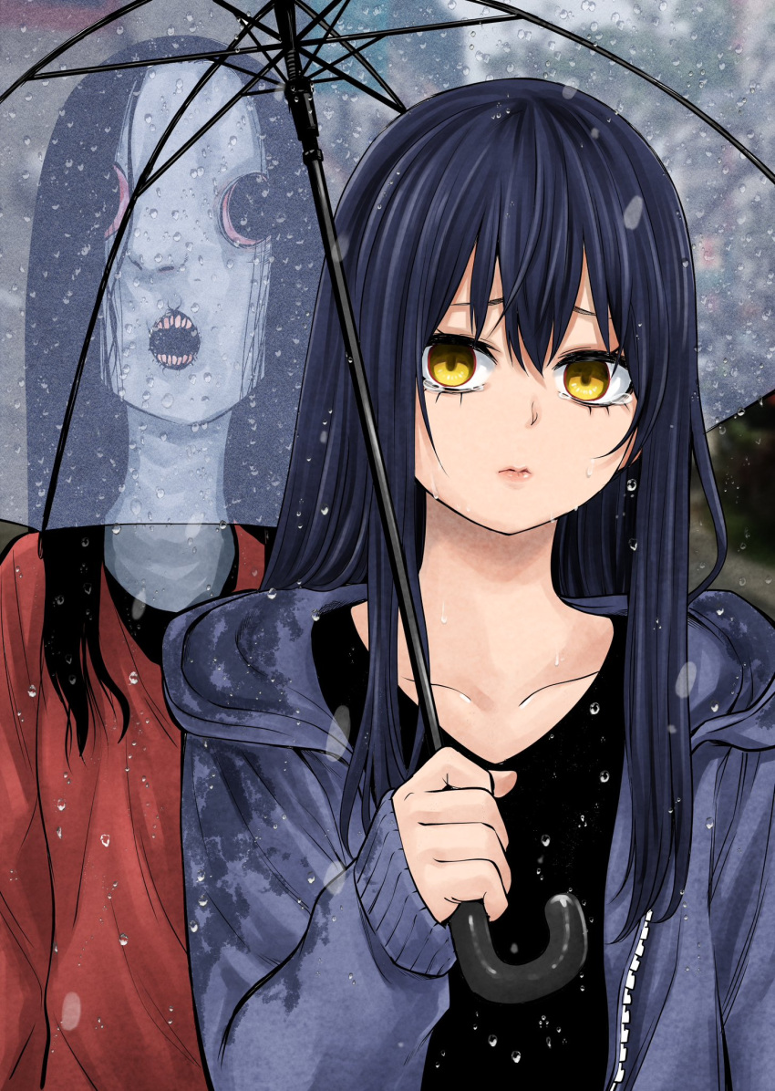 1girl black_hair black_shirt blue_jacket closed_mouth collarbone hair_between_eyes highres holding holding_umbrella izumi_(toubun_kata) jacket long_hair long_sleeves mieruko-chan monster official_art open_clothes open_jacket rain red_shirt shirt tearing_up tears transparent transparent_umbrella umbrella upper_body water_drop wet yellow_eyes yotsuya_miko