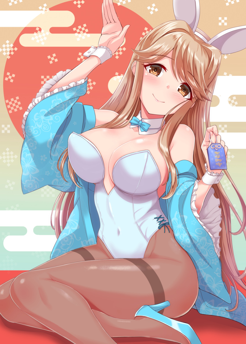 1girl animal_ears aqua_background arm_up bangs bare_shoulders blue_bow blue_bowtie blue_footwear blue_kimono blush bow bowtie breasts brown_eyes brown_pantyhose bunny_pose cleavage closed_mouth commentary_request covered_navel dan_(orange_train) detached_collar egasumi ema fake_animal_ears foot_out_of_frame frilled_sleeves frills gradient gradient_background grey_leotard groin hair_down hair_intakes hairband hand_up head_tilt high_heels highleg highleg_leotard highres holding idolmaster idolmaster_million_live! idolmaster_million_live!_theater_days japanese_clothes kimono large_breasts leotard light_brown_hair long_hair long_sleeves looking_at_viewer multicolored_background new_year off_shoulder official_alternate_hairstyle open_clothes open_kimono pantyhose playboy_bunny print_kimono pumps rabbit_ears sakuramon side-tie_leotard sidelocks sitting smile solo strapless strapless_leotard swept_bangs tenkubashi_tomoka thighband_pantyhose translation_request very_long_hair white_hairband wide_sleeves wrist_cuffs yokozuwari