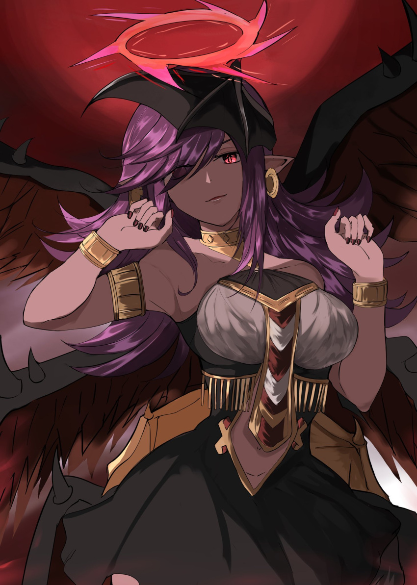 1girl armlet bare_shoulders black_wings bracelet breasts dark-skinned_female dark_skin darklord_ixchel duel_monster earrings fallen_angel feathered_wings halo hands_up head_wings highres jewelry large_breasts long_hair multiple_wings pointy_ears purple_hair red_eyes solo swept_bangs uragawai wings yu-gi-oh!