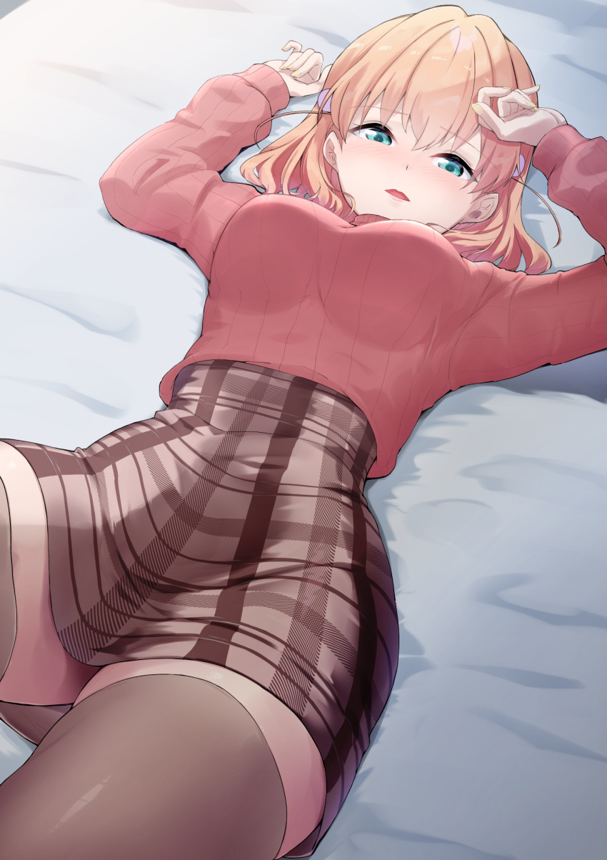1girl bed_sheet breasts brown_dress brown_thighhighs commentary_request dress green_eyes high-waist_skirt highres hinoshita_kaho link!_like!_love_live! long_sleeves looking_at_viewer love_live! lying medium_breasts on_back orange_hair parisnoko parted_lips plaid plaid_dress red_sweater short_hair skirt solo sweater thighhighs upper_body zettai_ryouiki