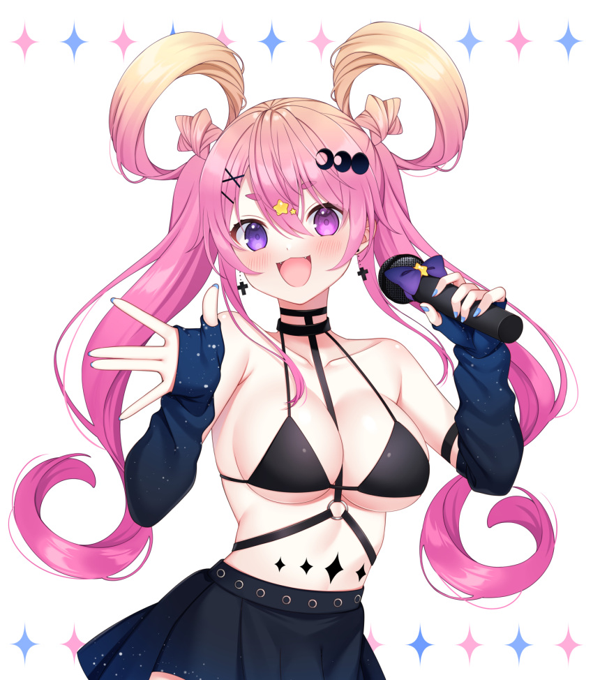 1girl black_bra black_skirt black_sleeves blonde_hair bra breasts cross cross_earrings detached_sleeves earrings hair_between_eyes hair_ornament hair_rings hairclip heterochromia highres holding holding_microphone jewelry long_hair medium_breasts microphone multicolored_hair nata_ichio open_mouth original pink_eyes pink_hair purple_eyes skirt solo twintails underwear x_hair_ornament