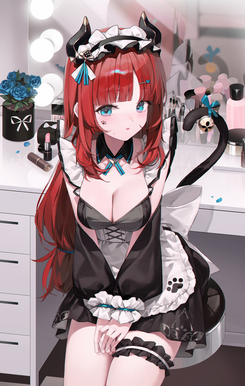1girl absurdres alternate_costume apron bell black_dress black_horns blue_eyes blush breasts cat_tail cleavage commentary detached_sleeves dress facial_mark fake_horns fake_tail genshin_impact hair_ornament hairclip highres horns indoors jenil long_hair long_sleeves looking_at_viewer medium_breasts nilou_(genshin_impact) open_mouth parted_bangs paw_print puffy_long_sleeves puffy_sleeves red_hair solo tail tail_bell tail_ornament waist_apron white_apron white_headdress