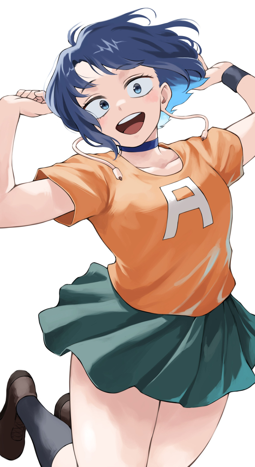 1girl :d absurdres audio_jack black_socks blue_choker boku_no_hero_academia breasts brown_footwear choker collarbone fengling_(furin-jp) happy highres jirou_kyouka jumping kneehighs long_earlobes looking_at_viewer medium_breasts miniskirt open_mouth orange_shirt purple_hair shirt short_hair simple_background skirt smile socks solo white_background