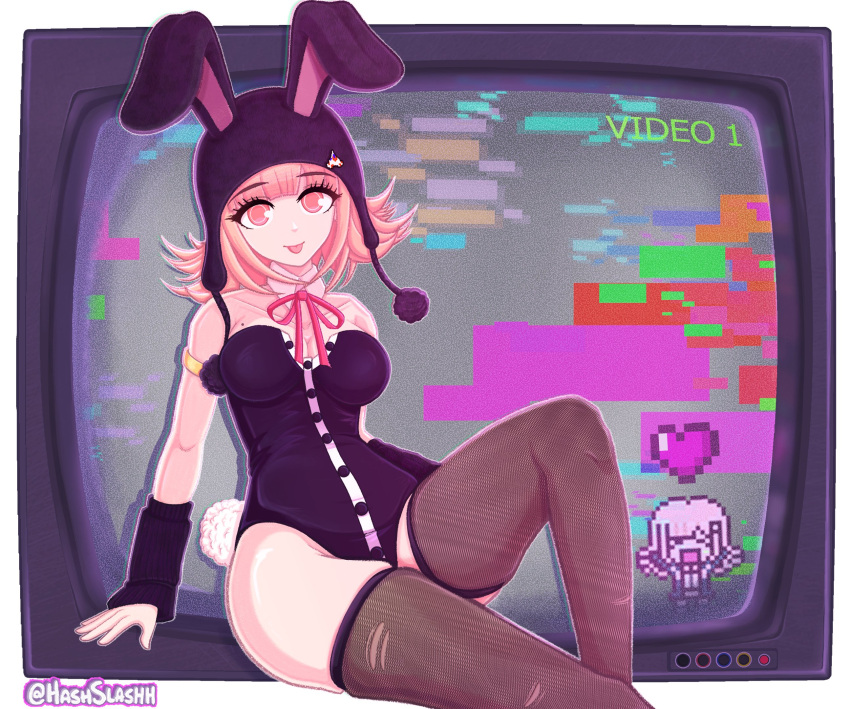 1girl :p animal_ears animal_hood bare_shoulders black_leotard breasts brown_thighhighs collarbone danganronpa:_trigger_happy_havoc danganronpa_(series) danganronpa_2:_goodbye_despair fake_animal_ears fake_tail fishnet_thighhighs fishnets galaga hashslashh hat_ornament heart highres hood knee_up large_breasts leotard mole mole_on_breast nanami_chiaki official_alternate_costume pink_eyes playboy_bunny rabbit_ears rabbit_hood rabbit_tail smile solo tail television thighhighs tongue tongue_out