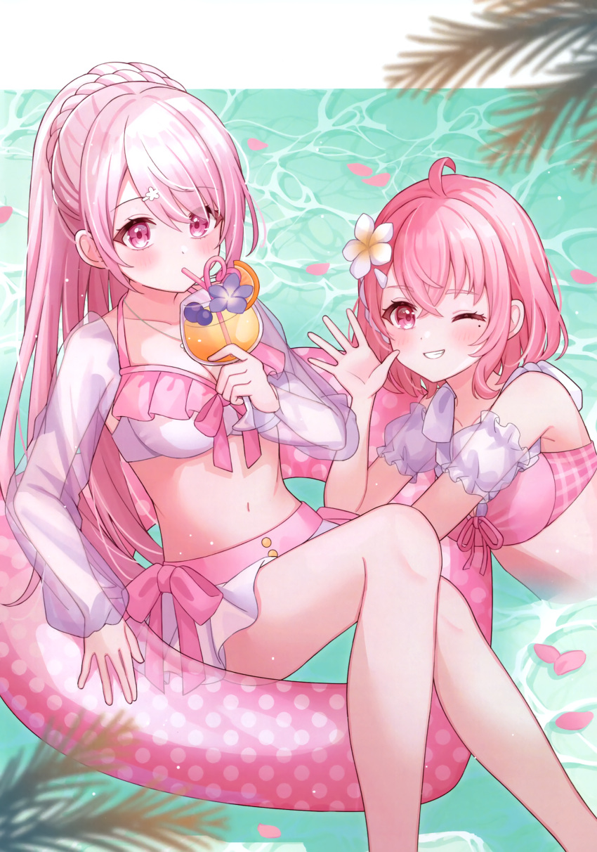 2girls ;d absurdres ahoge bikini blurry blurry_foreground blush braid breasts caustics cleavage cup detached_sleeves drink drinking drinking_straw feet_out_of_frame flower food fruit grin hair_flower hair_ornament highres holding holding_cup innertube jewelry light_particles long_hair looking_at_viewer medium_breasts mole mole_under_eye multiple_girls navel necklace nijisanji non-web_source one_eye_closed orange_(fruit) orange_slice petals pink_bikini pink_eyes pink_hair ponigiri12 ponytail purple_flower sasaki_saku see-through see-through_sleeves shiina_yuika short_hair smile swim_ring swimsuit tropical_drink upper_body virtual_youtuber water