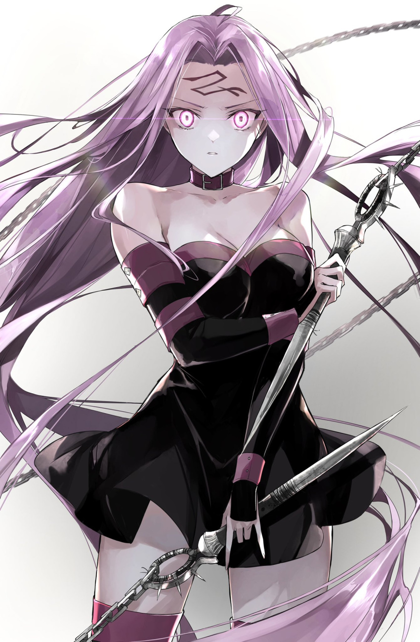 1girl bare_shoulders black_dress black_thighhighs breasts chain cleavage collar detached_sleeves dress facial_mark fate/stay_night fate_(series) forehead forehead_mark glowing glowing_eyes highres kino_kokko large_breasts long_hair looking_at_viewer medusa_(fate) medusa_(rider)_(fate) nameless_dagger_(fate) parted_bangs purple_eyes purple_hair short_dress sidelocks solo thighhighs thighs very_long_hair weapon