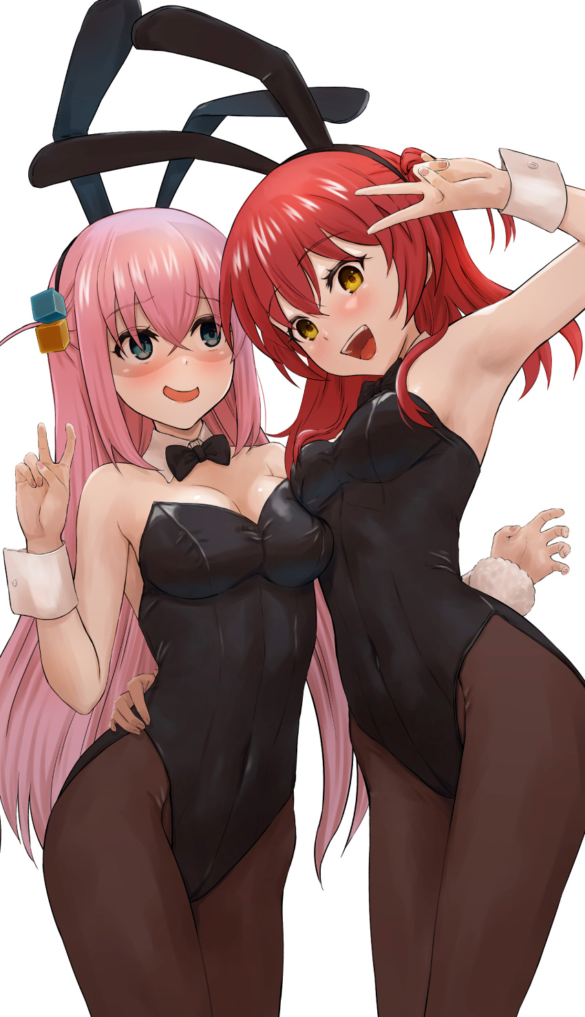 2girls absurdres alternate_costume animal_ears arm_up armpits bare_shoulders blue_eyes blush bocchi_the_rock! breast_press breasts fake_animal_ears gotou_hitori highres kita_ikuyo long_hair looking_at_viewer medium_breasts multiple_girls open_mouth pink_hair playboy_bunny rabbit_ears red_hair sasasa_r_23 small_breasts smile yellow_eyes