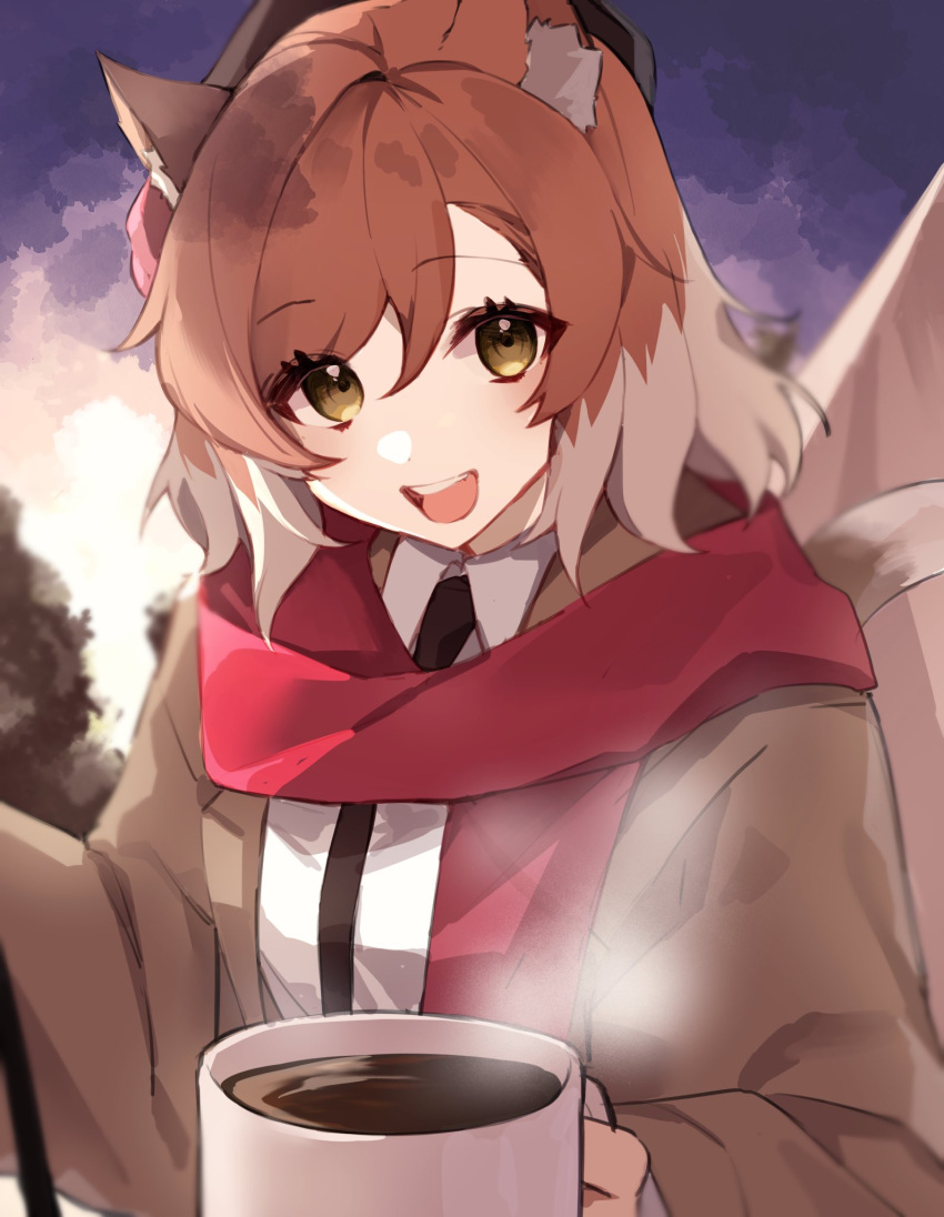 1girl :d animal_ears arknights beret black_headwear black_necktie brown_jacket cat_ears cat_girl coffee coffee_mug collared_shirt cup evening goma_74umai hat highres holding holding_cup jacket long_sleeves looking_at_viewer medium_hair mousse_(arknights) mousse_(campfire_cooking_smoke)_(arknights) mug multicolored_hair necktie open_clothes open_jacket open_mouth orange_hair outdoors red_scarf scarf shirt smile solo steam teeth tent two-tone_hair upper_body upper_teeth_only white_hair white_shirt yellow_eyes