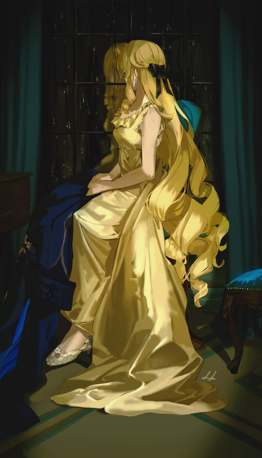 1girl absurdres blue_jacket breasts dress drill_hair drill_sidelocks earrings full_body genshin_impact hair_ribbon high_heels highres indoors jacket jewelry lluluchwan looking_to_the_side medium_breasts navia_(genshin_impact) on_chair rain reflection ribbon sidelocks sitting sleeveless sleeveless_dress solo window yellow_dress yellow_footwear