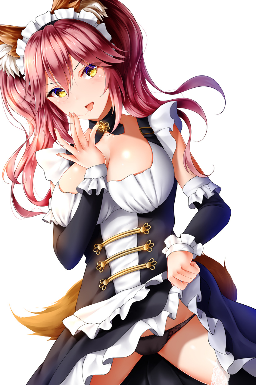 1girl animal_ears bangs black_pantyhose breasts clothes_lift detached_sleeves dress dress_lift fate/extra fate/grand_order fate_(series) fox_ears fox_girl highres large_breasts lifted_by_self pantyhose pink_hair simple_background smile solo standing tamamo_(fate) tamamo_no_mae_(fate/extra) tongue tongue_out white_background wsman yellow_eyes