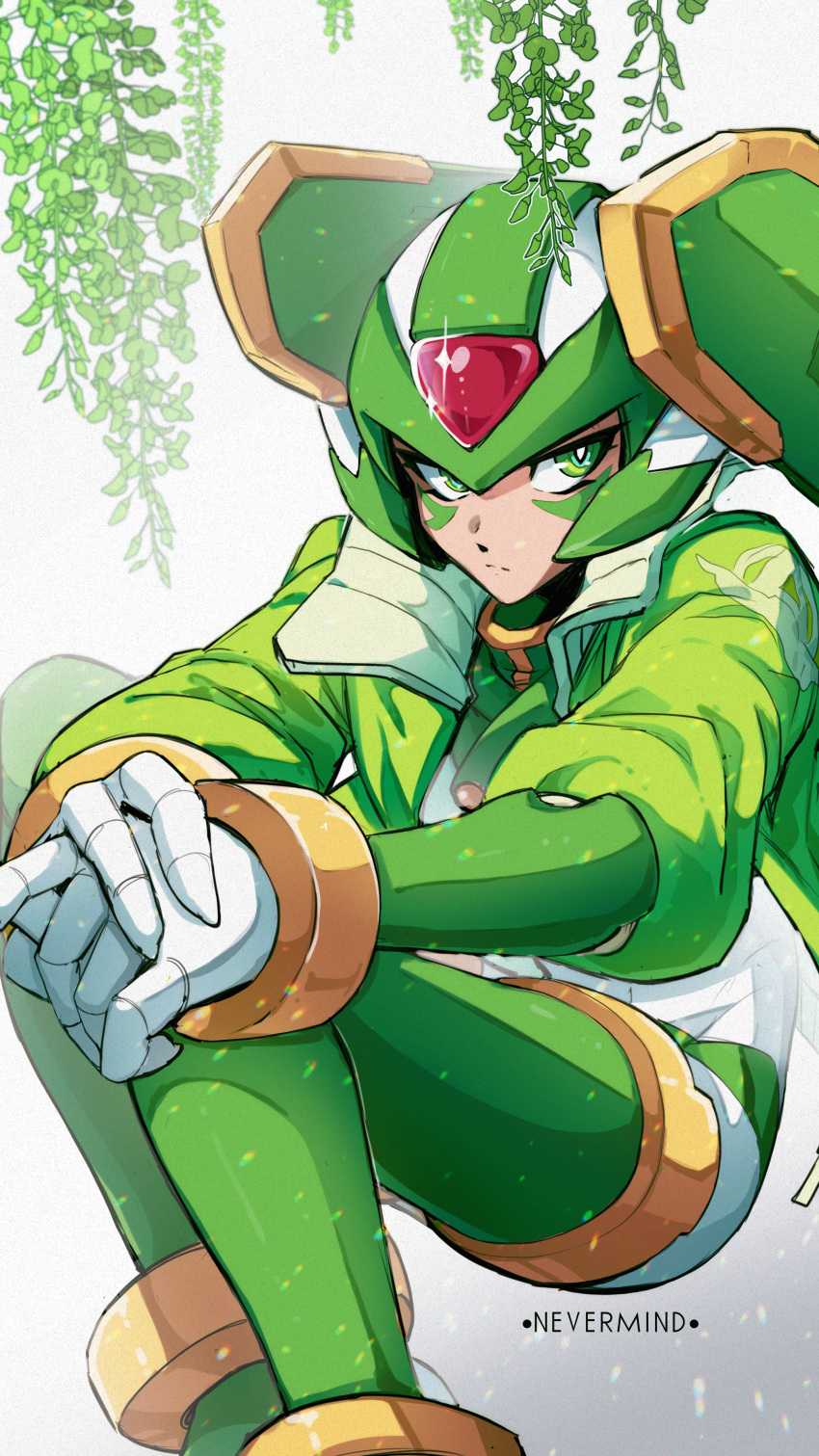 1boy absurdres alternate_costume artist_name crop_top facial_mark forehead_jewel green_eyes green_jacket hand_on_own_knee helmet highres jacket male_focus mega_man_(series) mega_man_zero_(series) open_clothes open_jacket sage_harpuia_(mega_man) solo windnevermind