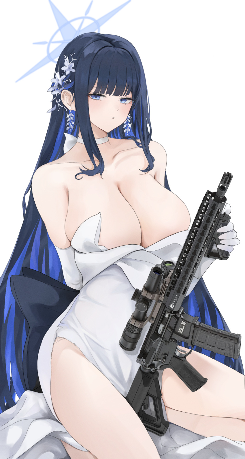 1girl black_gloves blue_archive blue_halo breasts cleavage dress earrings fte_(fifteen_199) gloves gun halo highres holding holding_gun holding_weapon jewelry large_breasts official_alternate_costume saori_(blue_archive) saori_(dress)_(blue_archive) solo strapless strapless_dress weapon white_dress